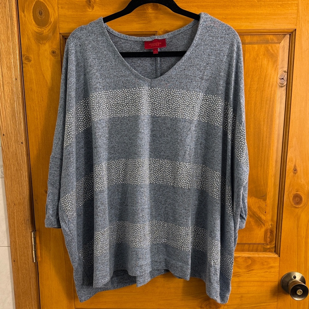Jennifer Lopez Blue V-Neck Sweater with Silver Beaded Details